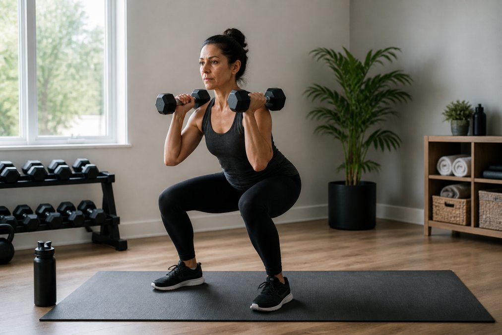 A woman in her 40s performing a dumbbell squat in a bright home gym, with a yoga mat and water bottle nearby, looking focused and strong