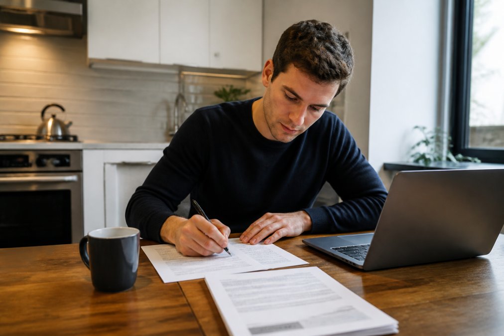 A young professional sitting at a kitchen table with a laptop, writing a formal letter on paper with a pen, coffee mug nearby, and a rental lease document visible on the table