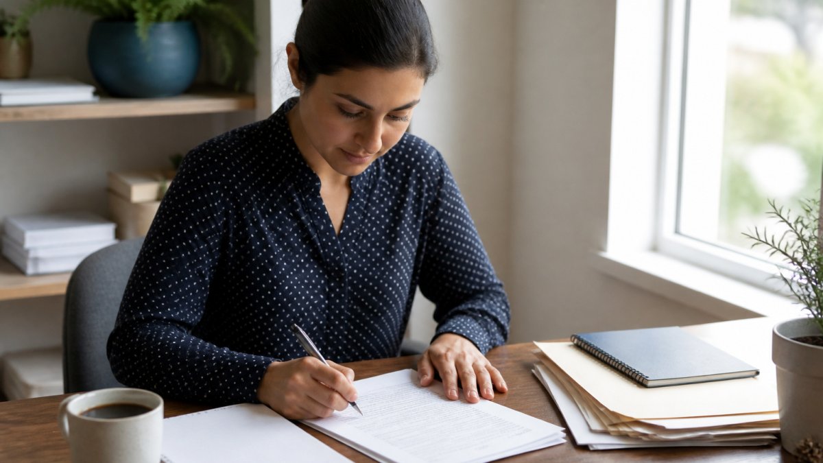 Professional sitting at desk with lease documents, pen, and laptop, preparing to sign a lease termination letter with organized paperwork and coffee nearby