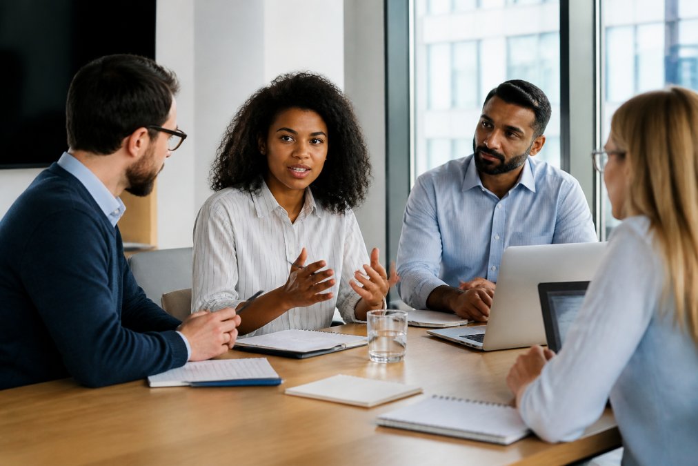 Team of professionals gathered around a conference table with notepads and laptops, discussing project goals and objectives with focused expressions, natural office lighting streaming through windows