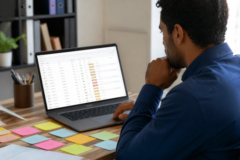 Professional reviewing a prioritized task list on a computer screen with sticky notes visible on the desk, showing active project management and dependencies mapped out
