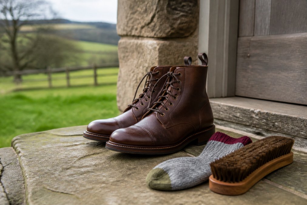 A pair of brown leather Goodyear welted country boots resting by a stone doorstep with a thick wool sock and a boot brush beside them, soft natural daylight, rural setting