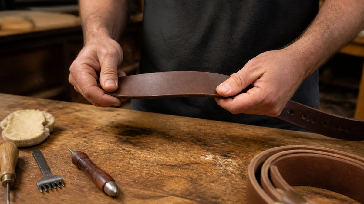Close-up of a man's hands gently bending a thick brown leather gun belt along its length, working the leather in small sections on a wooden workbench