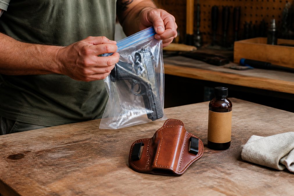 A hand placing a plastic-wrapped unloaded firearm inside a ziplock bag, with a leather IWB holster and a bottle of leather conditioner on a wooden workbench nearby, lit by warm workshop lighting