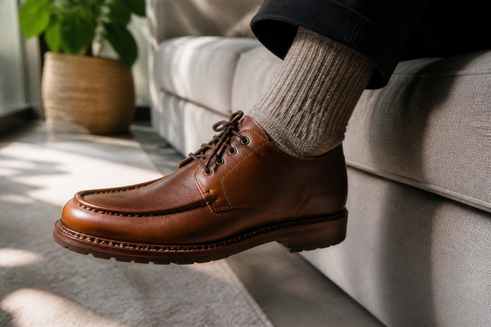 Person's foot wearing luxury leather handcrafted shoe indoors with thick wool socks, seated on a modern sofa in natural daylight, showing the shoe's Italian leather texture and detailed craftsmanship