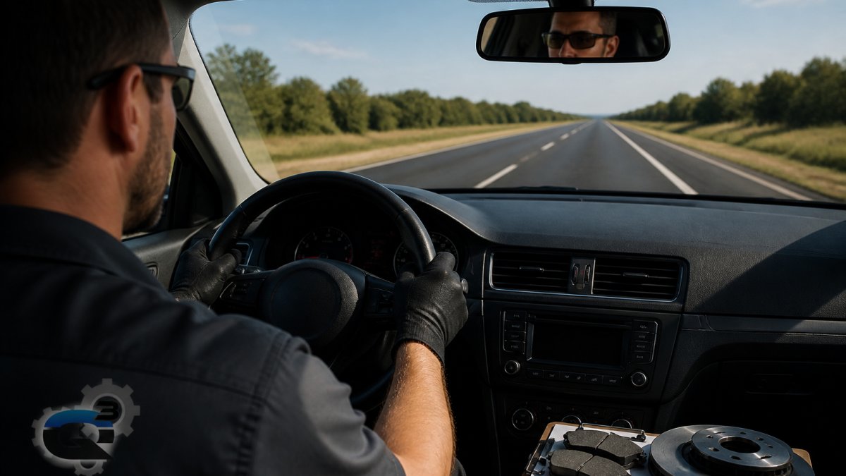 Professional technician performing controlled braking test on an empty road with clear sightlines, demonstrating proper vehicle positioning and brake application technique during brake pad bedding-in
