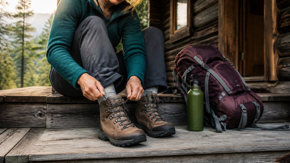 A hiker sitting on a wooden porch step lacing up a pair of brown leather hiking boots, a water bottle and backpack resting nearby, soft morning light
