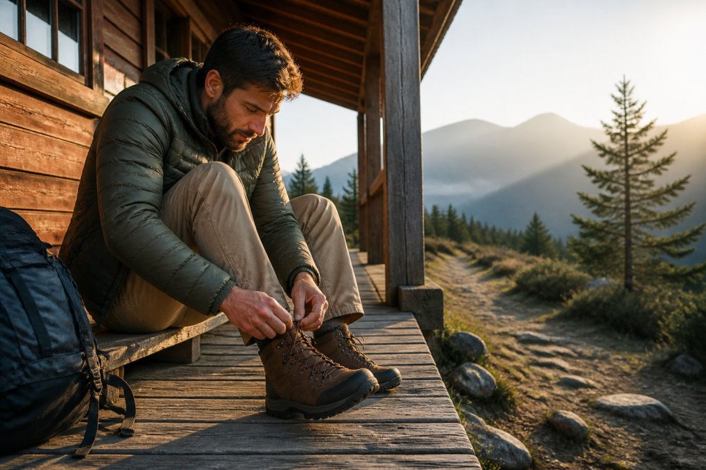 Hiker lacing up stiff leather hiking boots on a cabin porch at sunrise