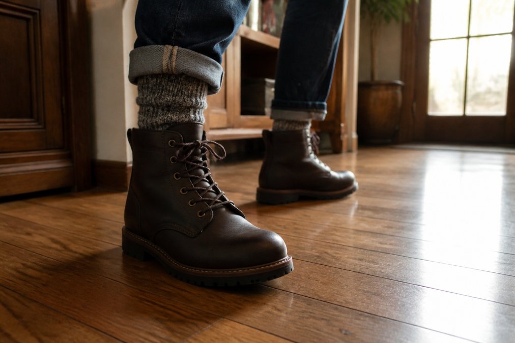 A person wearing thick wool socks and new leather work boots, walking on a wooden floor inside a home, warm afternoon light through a window