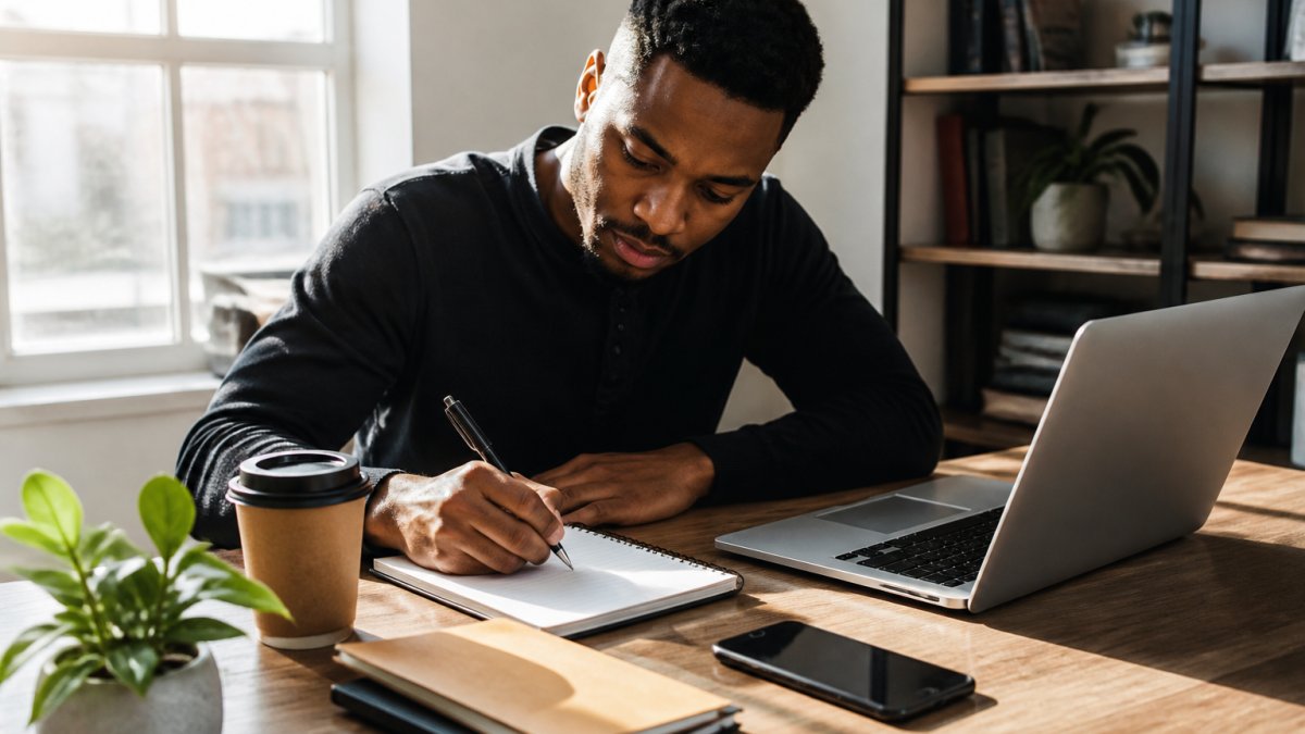 A young professional at a tidy desk writing a short to-do list in a notebook beside a laptop and phone, morning light through a window, focused posture