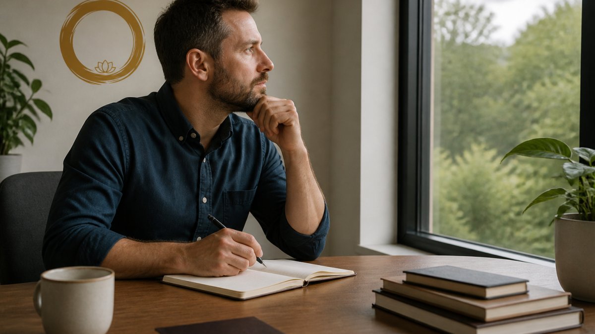 Professional reflecting with a notebook by a window to help break scarcity mindset through introspection.