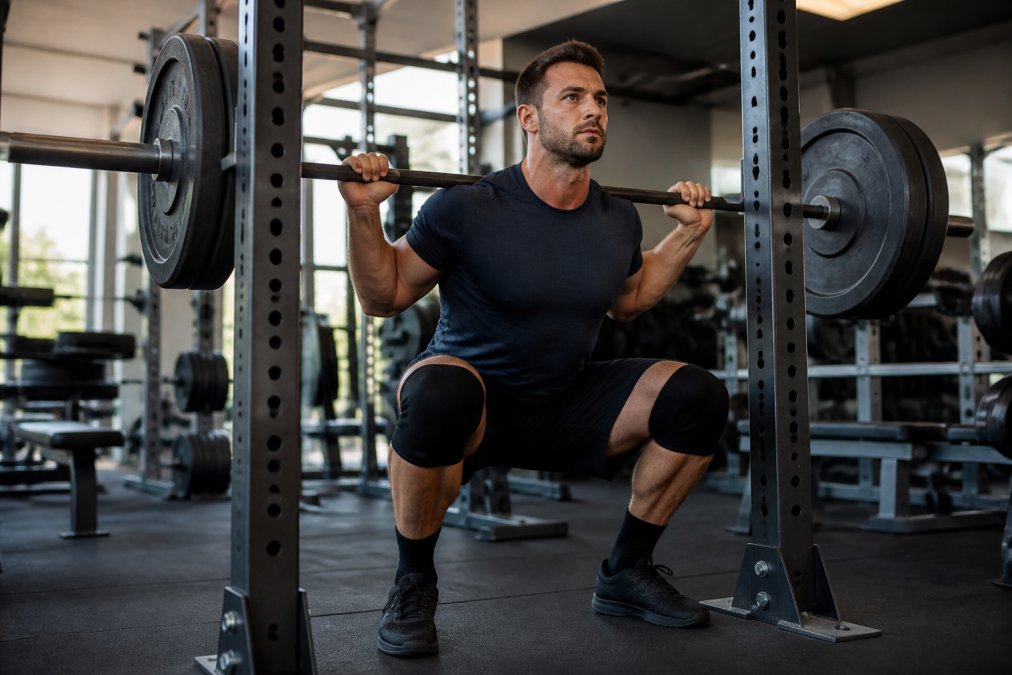 Athlete performing a barbell back squat with controlled form in a bright, well-equipped gym, demonstrating proper depth and muscle engagement under load