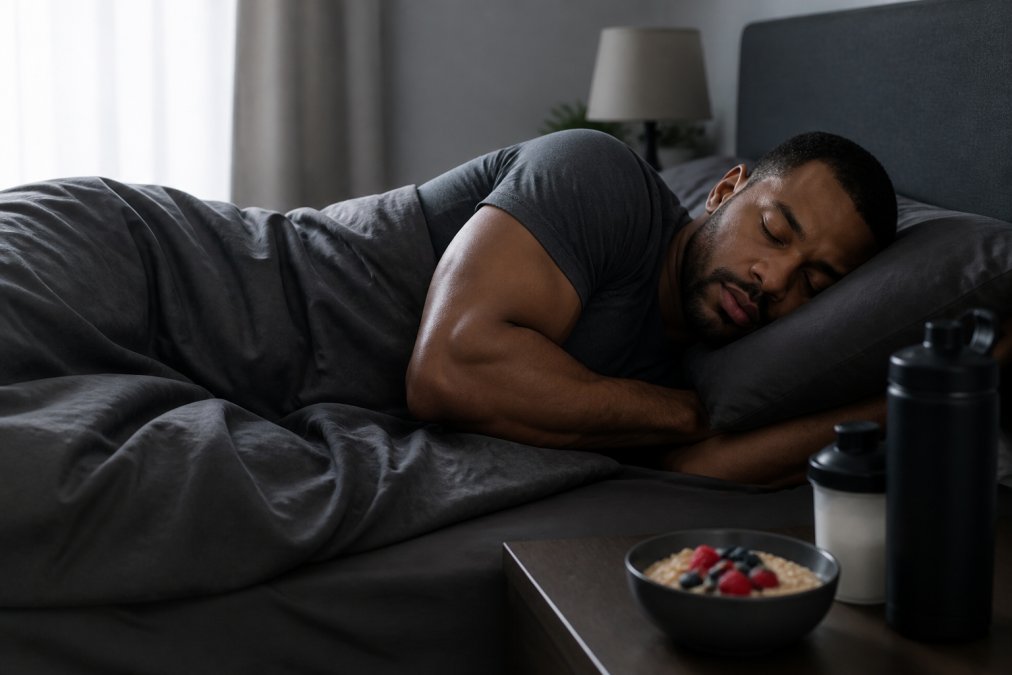 Person sleeping peacefully in a dark, quiet bedroom with comfortable bedding, representing quality rest and recovery essential for muscle adaptation and growth