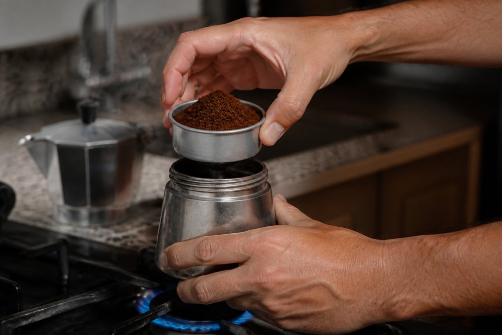 Close-up of hands assembling a stovetop espresso maker (cafetera) over a gas flame, showing proper positioning with the water chamber filled and filter basket loaded with finely ground dark roast coffee, steam beginning to rise