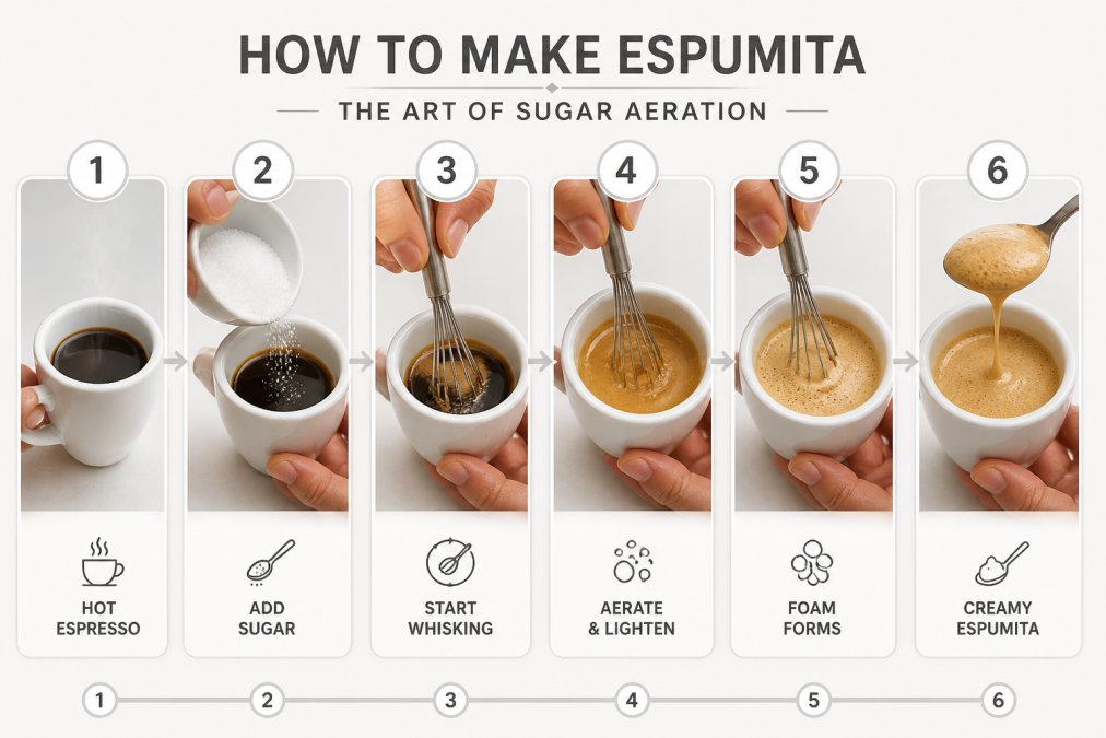 Close-up of hands whisking hot espresso with granulated sugar in a small white demitasse cup, showing the creamy, pale golden-brown espumita foam forming with visible air bubbles, steam rising, warm lighting highlighting the aeration process