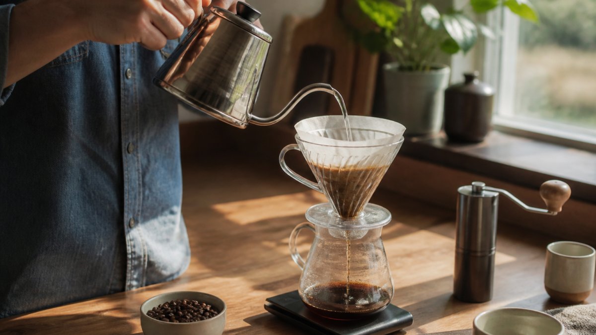 Hands pouring hot water in a circular motion over coffee grounds in a pour-over dripper on a sunny wooden counter.