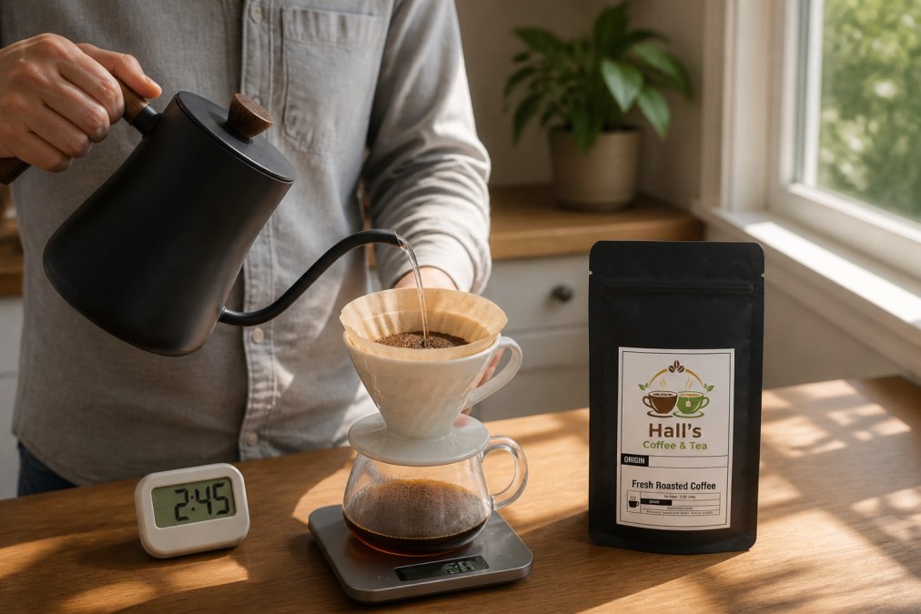 Hands pouring hot water from a gooseneck kettle over medium-ground coffee in a ceramic pour-over dripper, with a kitchen scale showing 20 grams of coffee and a timer displaying 2:45 on a wooden counter with morning light streaming through a window