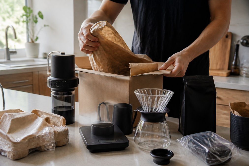 Burr grinder, scale, and pour-over dripper arranged on a kitchen counter for brewing balanced coffee.