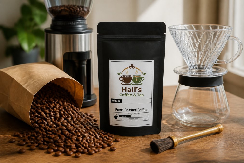 Close-up of freshly roasted medium-brown coffee beans spilling from a kraft paper bag alongside a stainless steel burr grinder, a glass pour-over dripper, and a small brass brush on a natural wood surface with soft afternoon light