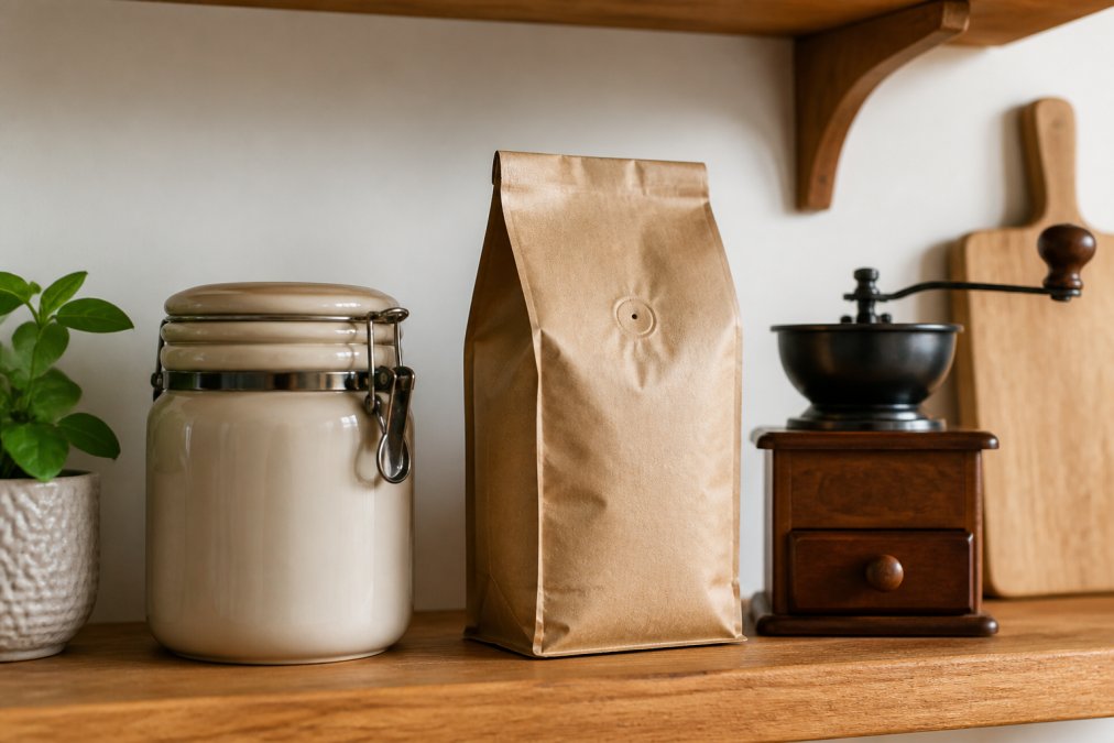 An airtight ceramic coffee canister and a sealed kraft coffee bag with a roast date label sitting on a kitchen shelf beside a small burr grinder, warm natural lighting