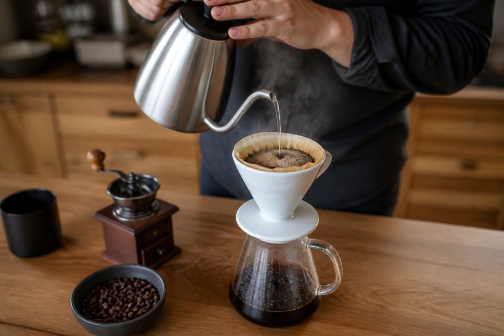 Close-up of hands slowly pouring hot water from a gooseneck kettle over a pour-over dripper with a paper filter and dark coffee grounds, steam rising, on a wooden kitchen countertop