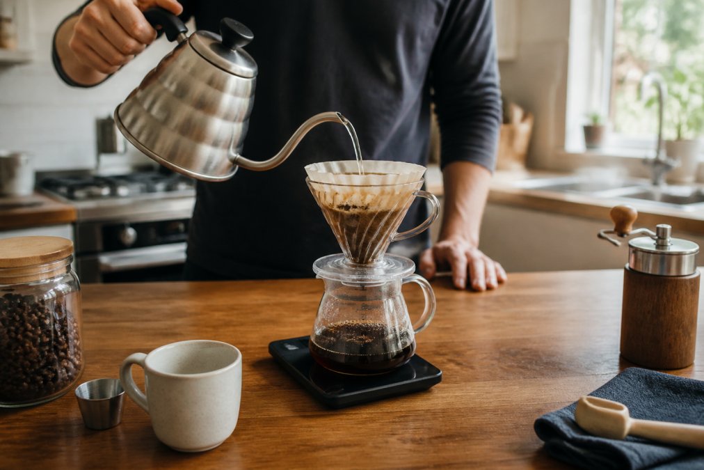Close-up of hands pouring hot water from a gooseneck kettle in a slow spiral over coffee grounds in a glass pour-over brewer sitting on a digital scale, bright morning light in a home kitchen