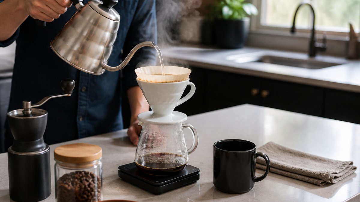Person pouring hot water from a gooseneck kettle into a pour-over coffee dripper on a kitchen scale