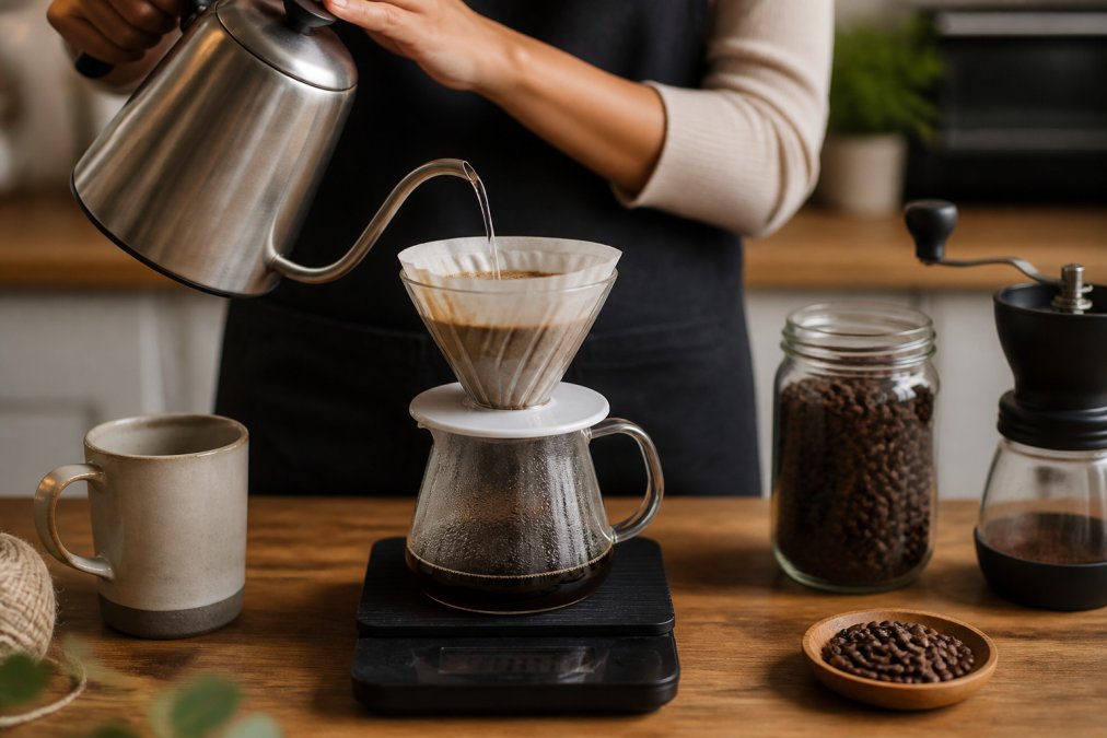 Close-up of hands slowly pouring hot water from a gooseneck kettle over a pour-over dripper with a paper filter, coffee grounds blooming, on a wooden kitchen counter with a digital scale and timer visible