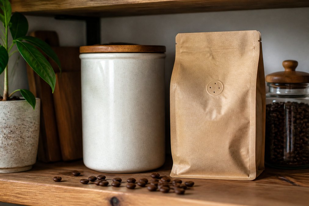 A sealed, opaque ceramic canister and a kraft paper coffee bag with a one-way valve sitting on a kitchen shelf, with whole coffee beans scattered nearby in warm natural light