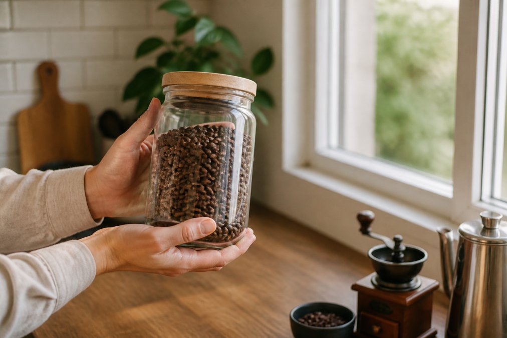 A person holding a clear glass jar filled with freshly roasted whole coffee beans near a kitchen window with soft natural light