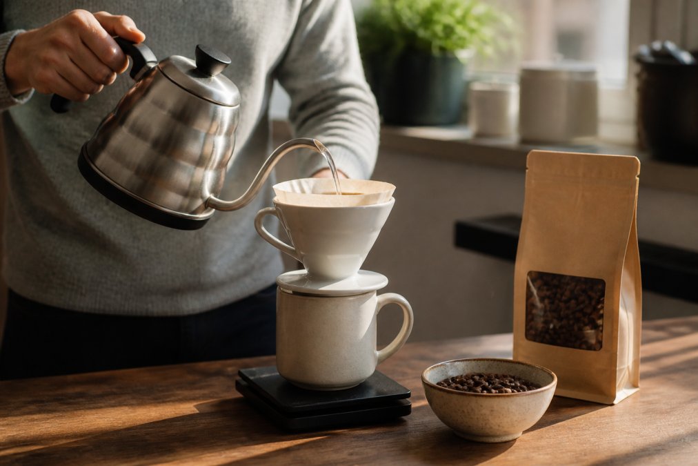 A home barista pours hot water from a gooseneck kettle into a ceramic pour-over dripper atop a mug, with a digital kitchen scale and a bag of whole coffee beans beside it, soft morning light across the counter