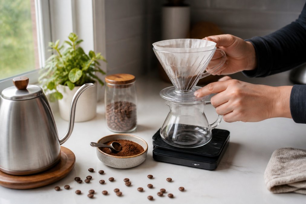 Close-up of hands placing a pour-over dripper on a digital scale with a small ceramic bowl of freshly ground coffee nearby, a gooseneck kettle and scattered whole beans on a clean white kitchen counter, warm natural window light