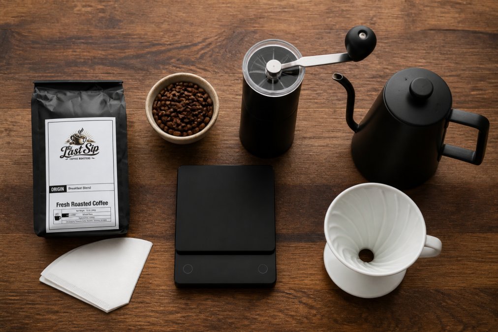 Overhead view of a complete home coffee brewing setup with fresh whole beans in a small bowl, a burr grinder, a digital scale, a gooseneck kettle, paper filters, and a pour-over cone arranged neatly on a wooden countertop
