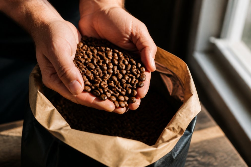 Hands holding freshly roasted coffee beans over an open bag with roasted-on date visible on the label, warm natural light highlighting the rich brown bean color and texture