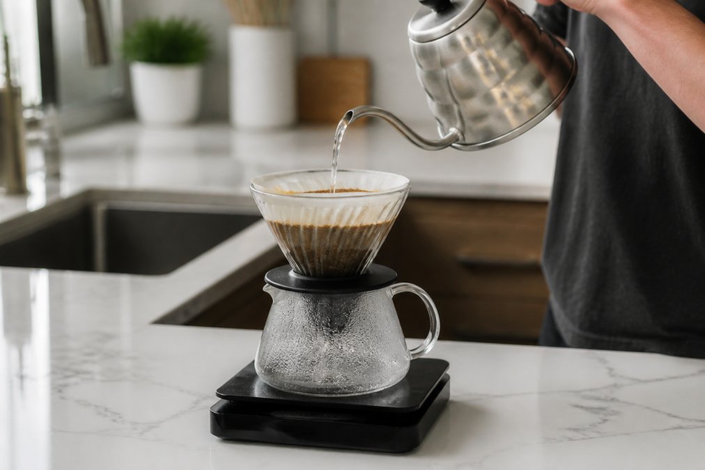 A digital kitchen scale with a pour-over dripper on top, coffee grounds in the filter, and a gooseneck kettle pouring water in a bright home kitchen