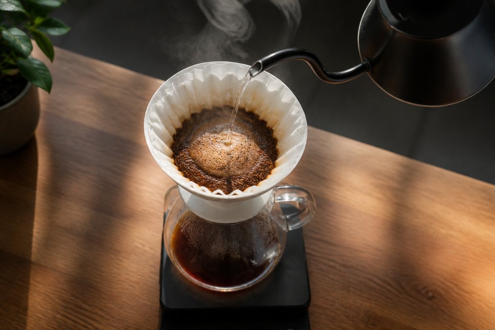 Overhead shot of a gooseneck kettle pouring hot water in a slow spiral over a white filter paper cone set in a pour-over dripper, with a glass carafe below on a wooden surface, steam rising in soft morning light