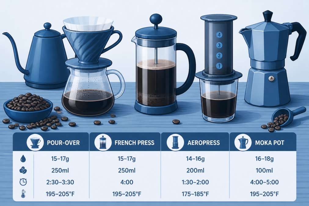 Close-up of various coffee brewing equipment arranged on a wooden table: pour-over cone with paper filters, French press, AeroPress, and moka pot, with fresh coffee beans scattered nearby and a gooseneck kettle in the background