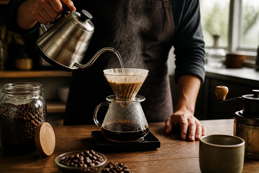 Close-up of hands pouring hot water over coffee grounds in a pour-over dripper, with steam rising, fresh beans visible nearby, and a timer on the counter