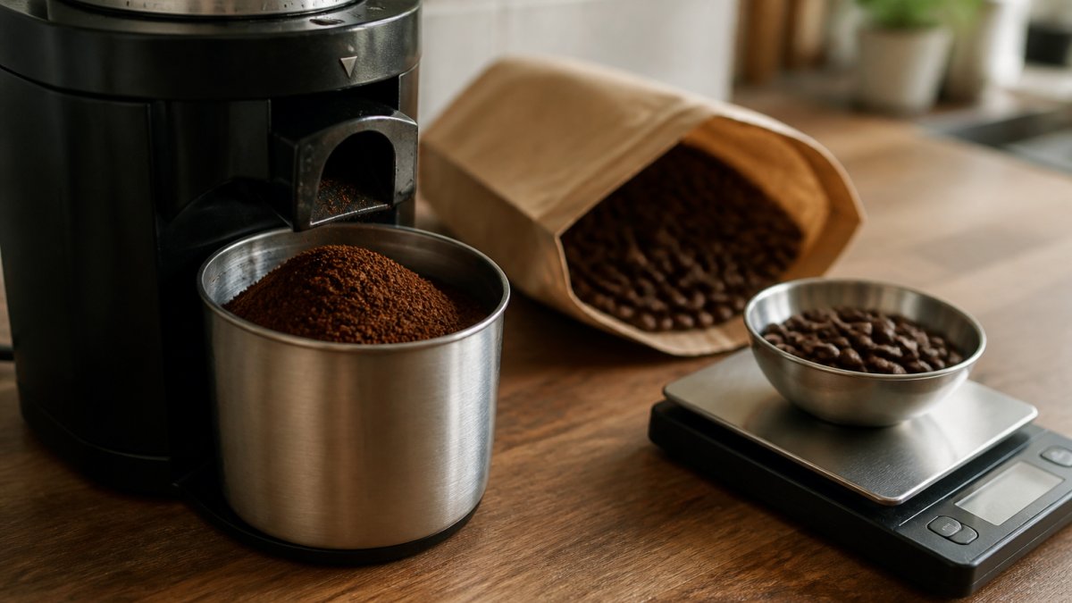 A close-up of freshly ground coffee beans in a burr grinder catch cup, with a bag of whole beans and a digital scale on a kitchen counter