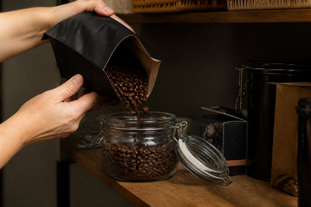 Hands holding an open bag of freshly roasted coffee beans with a clear view of the roast date label, beans being poured into an airtight glass container in a cool, dark pantry setting