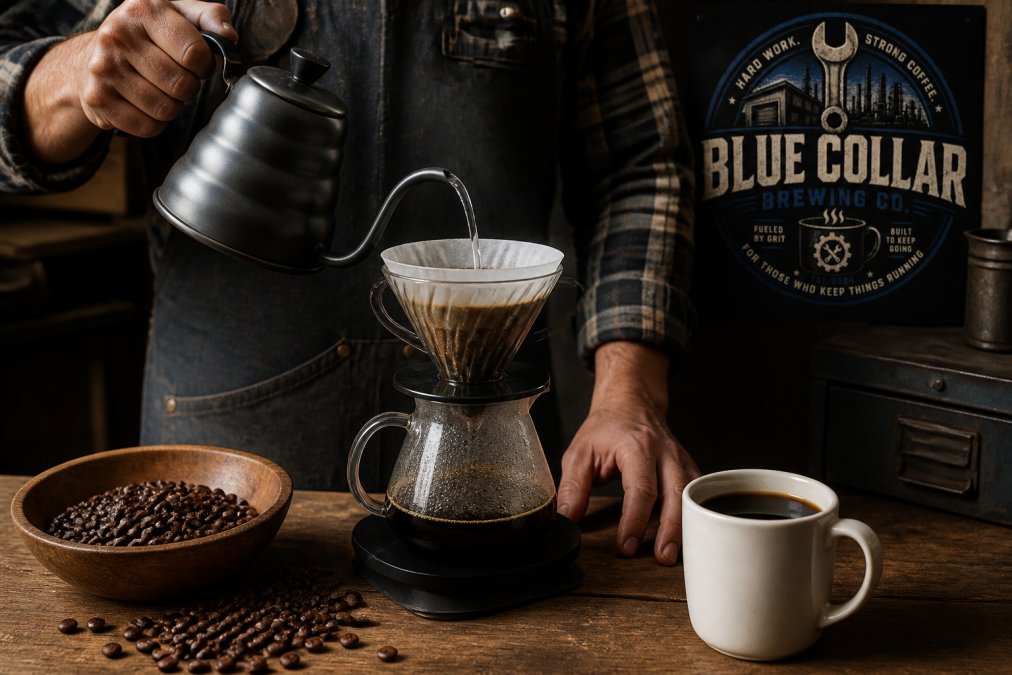Hands pouring hot water in circular motion over coffee grounds in a pour-over cone, with a full white cup and fresh coffee beans visible on the counter below