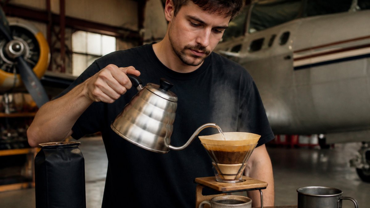 Close-up of hands pouring hot water over coffee grounds in a pour-over filter, with steam rising and a ceramic mug below catching the brew