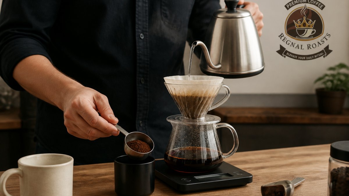 Close-up of hands measuring ground coffee with a kitchen scale and pouring hot water from a gooseneck kettle into a pour-over dripper, with a ceramic cup and measuring spoon visible on a light wooden counter