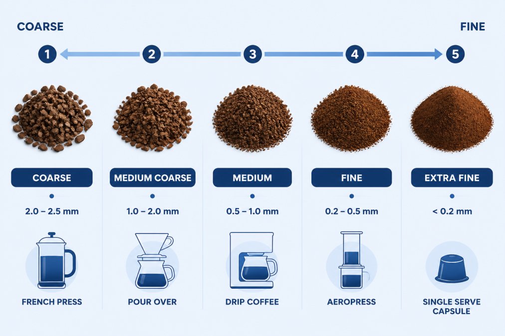 Close-up of coffee grounds in five small piles arranged by size from coarse to fine, showing distinct texture differences in natural light