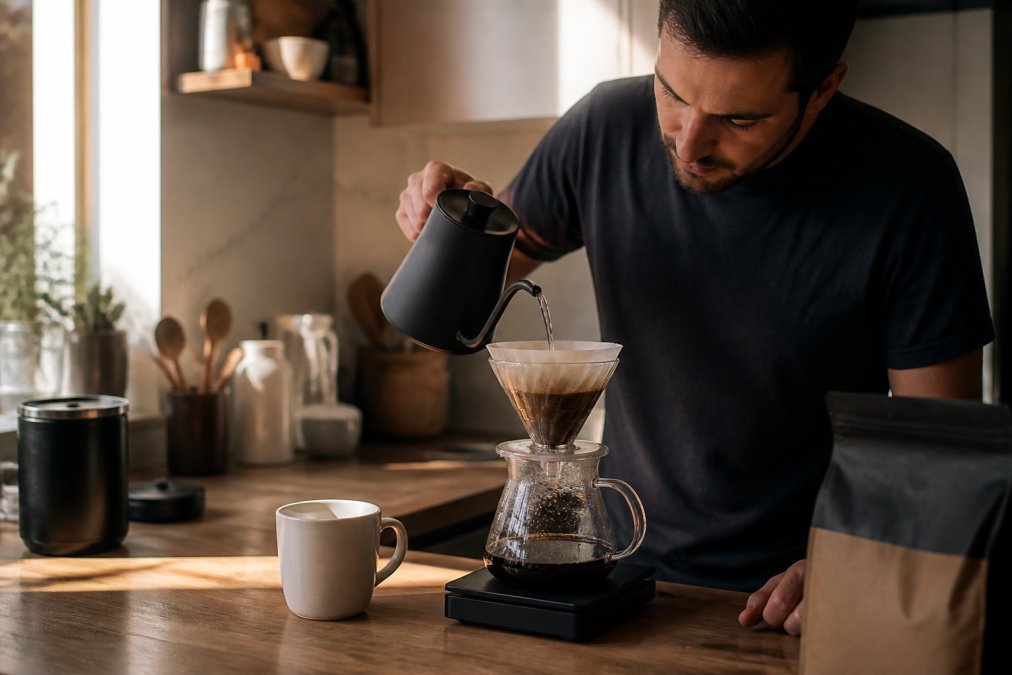 Hands pouring hot water over coffee grounds in a pour-over dripper, with a digital scale and white ceramic mug visible on a wooden counter in natural morning light