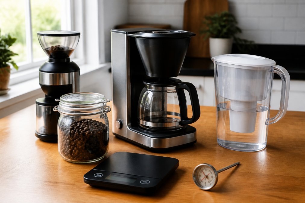 Flat lay of drip coffee maker components: burr grinder, whole coffee beans in a glass jar, filtered water pitcher, kitchen scale, and thermometer arranged on a wooden counter with natural morning light