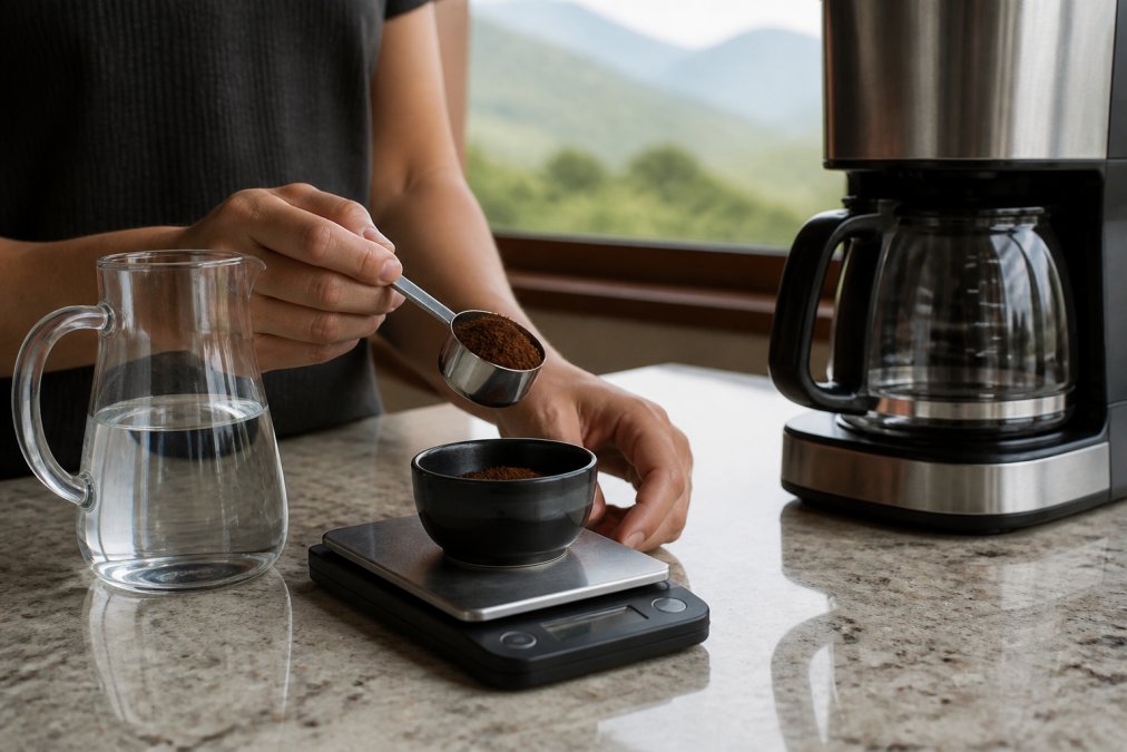 Close-up of hands measuring ground coffee with a digital scale on a kitchen counter, with a drip coffee maker and water pitcher visible in the background