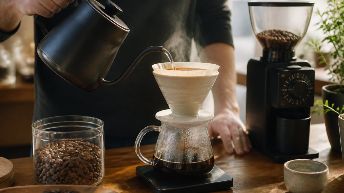 Pouring hot water from a gooseneck kettle to brew cafe quality coffee using a ceramic pour-over dripper.