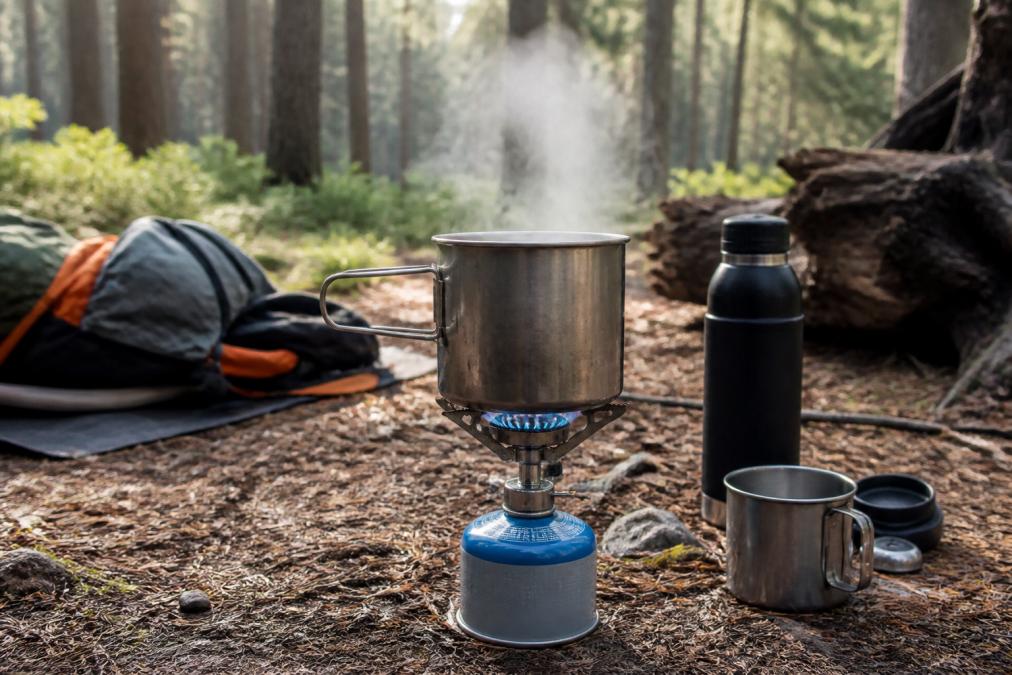 Metal camping pot heating over a camp stove with steam rising, surrounded by outdoor gear in a forest clearing with morning light filtering through trees