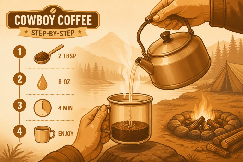 Hands carefully pouring hot water from a metal camping kettle into a cup with coffee grounds visible at the bottom, showing the cowboy coffee brewing technique in an outdoor campsite setting with morning mist